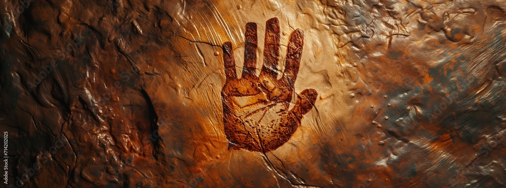 Handprint painted on the rock by prehistoric caveman artist, human hand positive image print outline centered mural painting, ancient fresco wallpaper, stop sign - obrazy, fototapety, plakaty 
