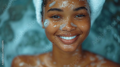 Close-up of smiling African woman taking a shower with gel or shampoo foam in bathroom ,generative ai photo
