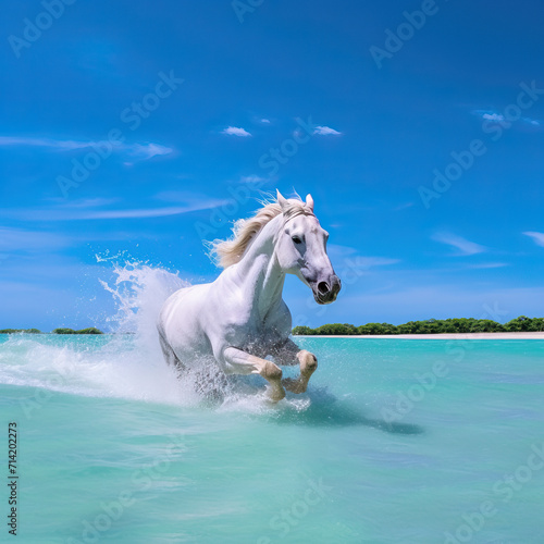 A sea with crystal clear blue waters and a galloping white horse