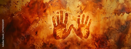 Fire paint with two hand prints background, cavemen art on the rock, orange and yellow stone handprints painting, old hands vestiges of a man and a woman or an adult and a child, painting on glass  photo