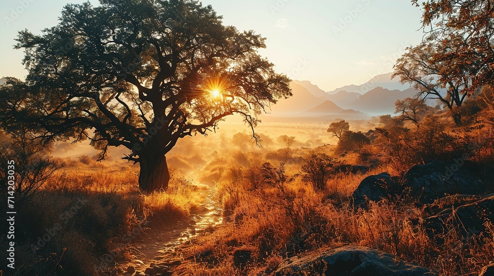 Sunrise in the African savanna inspired by   South Africa nature - obrazy, fototapety, plakaty 