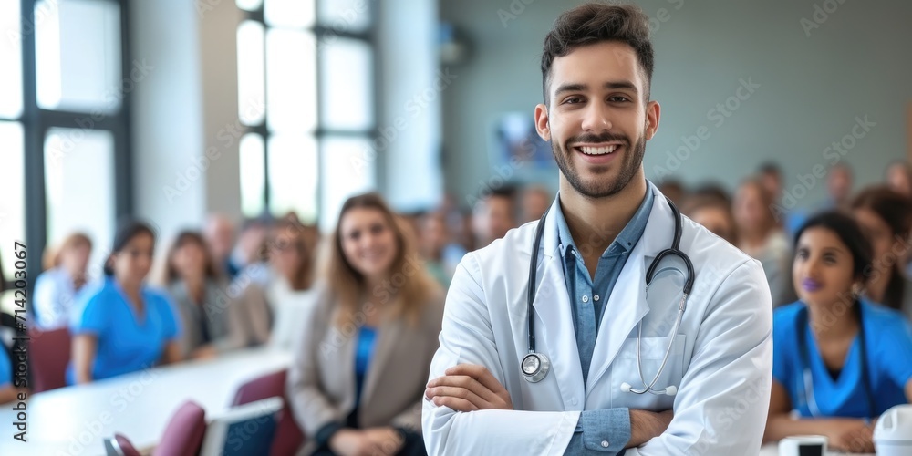 Young doctor teaching on a seminar in a boardroom