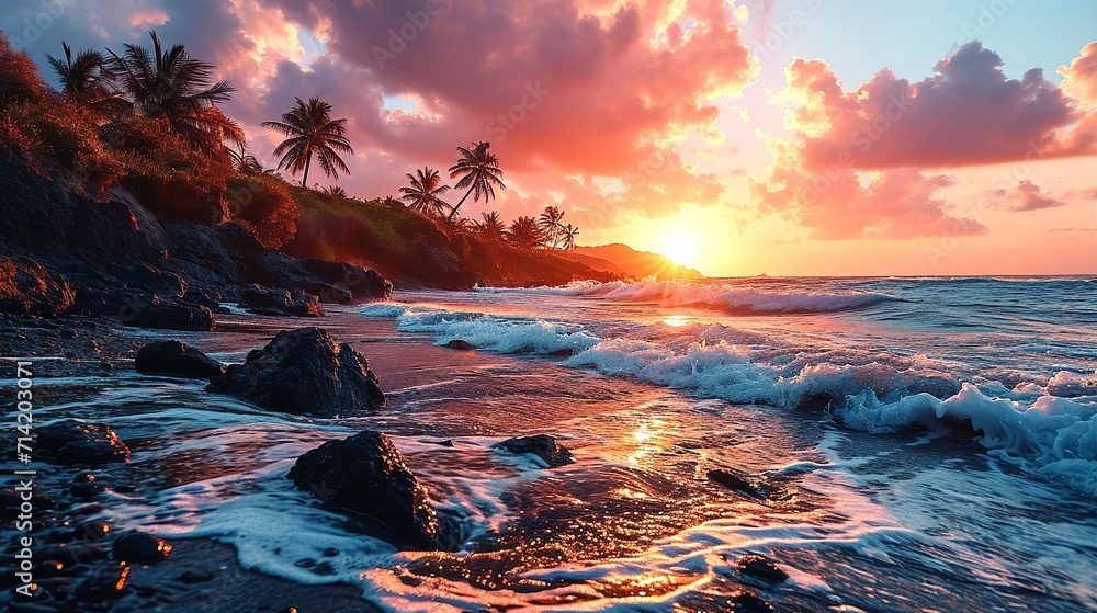 Beautiful sunrise on the white sand beach with palm trees like Caribbean or Sri Lanka. - obrazy, fototapety, plakaty 