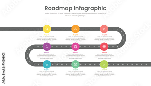 Roadmap infographic template design with 9 steps and icons