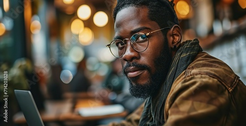 Portrait of young attractive african american man in eyeglasses using laptop while sitting in cafe