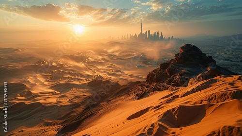 Desert at sunset and skyscrapers like in Dubai at horizon 