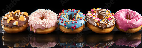 A delectable display of various colorful glazed donuts - a mouth-watering treat for donut enthusiasts.