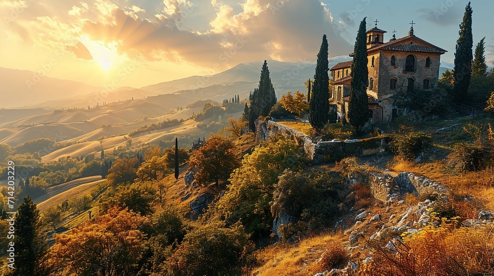 Beautiful autumn landscape in Tuscany, Italy. Sunrise.