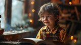 Little boy reading a book at home. Happy childhood, Christmas and New Year concept.