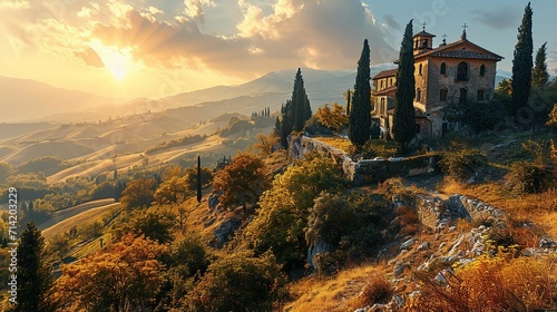 Beautiful autumn landscape in Tuscany, Italy. Sunrise.