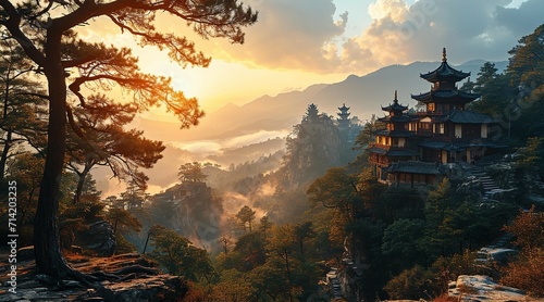 Pine forest  in the mountains at sunrise  China.