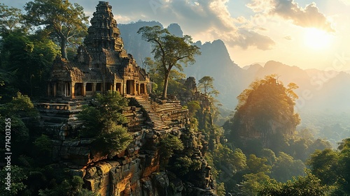 Fototapeta Naklejka Na Ścianę i Meble -  Ruins of ancient temple in morning in jungle inspired by Cambodia or Indonesia 