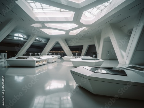 Futuristic, geometric-shaped museum interior with a sleek, white color scheme and dramatic lighting