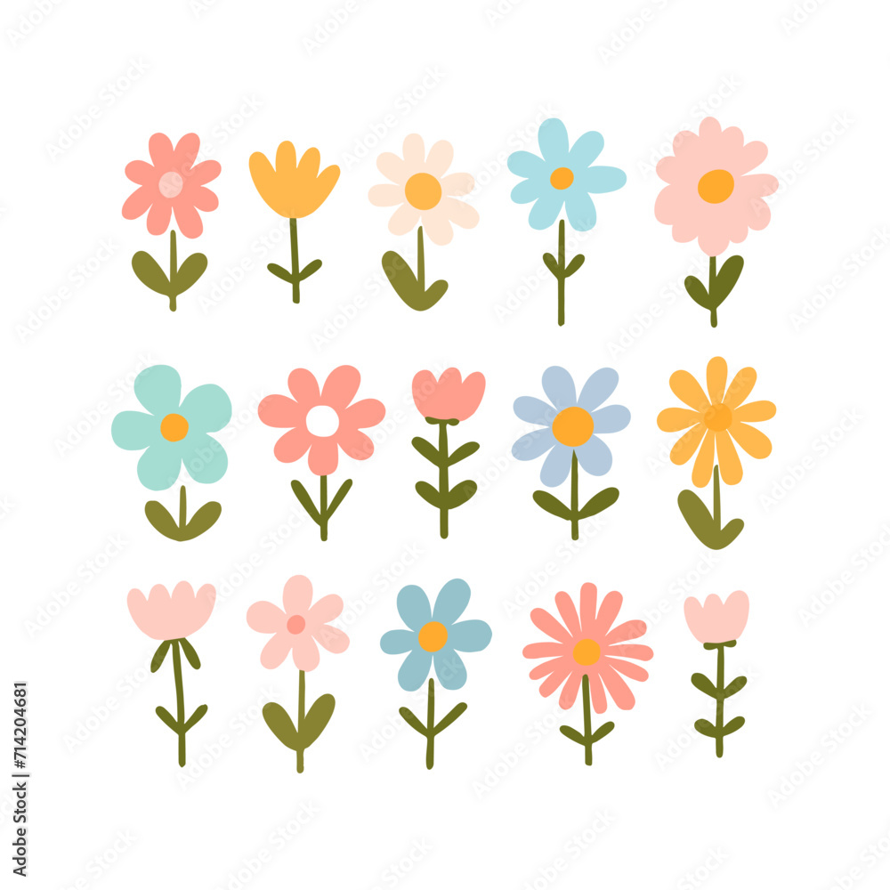 Obraz premium Set of cartoon flowers in pastel colors on a white background