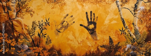 Mural stone painting with two handprints on yellow background, nature, rock, plants, grass, trees and wildlife vegetation in autumn colors, orange, brown landscape with black hands and paint stains photo