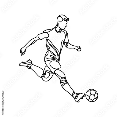 Line drawing of a football player with a ball in a dynamic pose. one line on a plain background