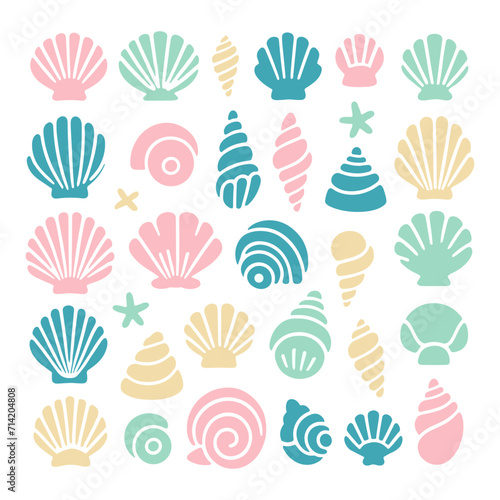 A collection of seashells and stars in pastel colors.