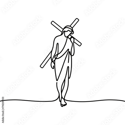 One-line line drawing of Jesus with a cross on his shoulder.