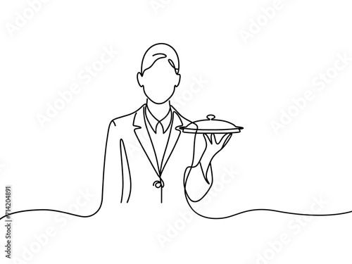 An outline little waiter in a suit who serves grass under the lid.