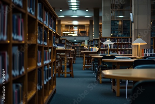 College library during exam season, no people, quiet study space, intense preparation, academic pursuit, knowledge quest, Generative Ai 