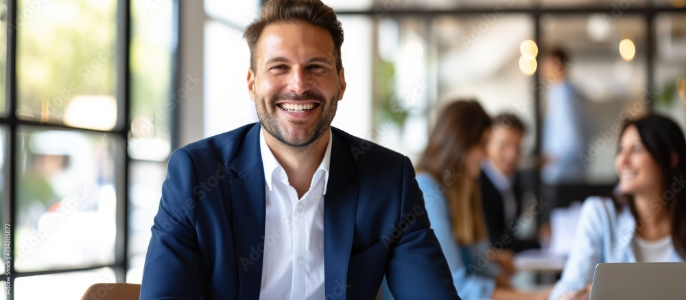 Cheerful businessman leading corporate meeting, PR manager presenting office's public relations while business man speaks joyfully in conference room. - obrazy, fototapety, plakaty 