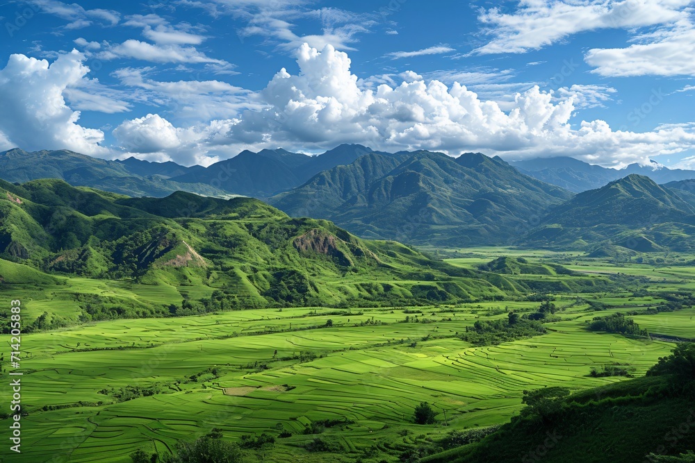views of mountains and green rice fields