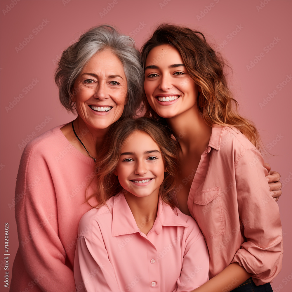 portrait of a grandmother, mother and child hugging each other affectionately and looking at the camera. Generative AI portrait of a grandmother, mother and child hugging each other affectionately and looking at the camera. Generative AI