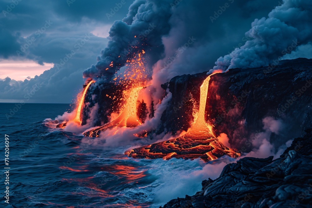 Volcanic lava erupts on the plateau