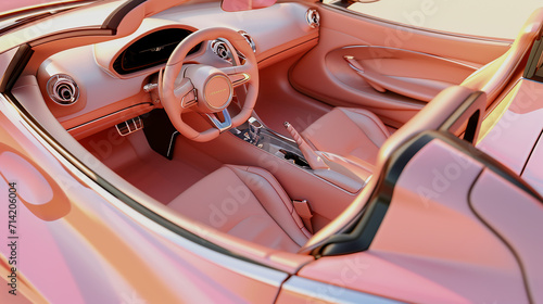 Luxury electric car pink interior. Steering wheel, shift lever and dashboard