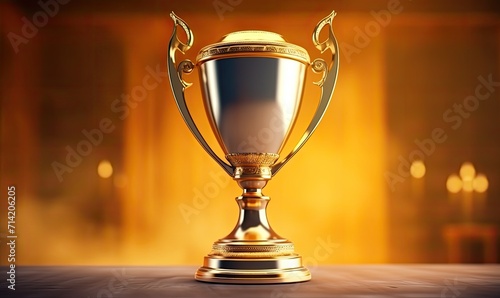 A golden trophy sitting on top of a wooden table