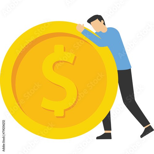 businessman hugging his winnings, making money, economic support, fixing financial problems, Vector illustration design concept in flat style

