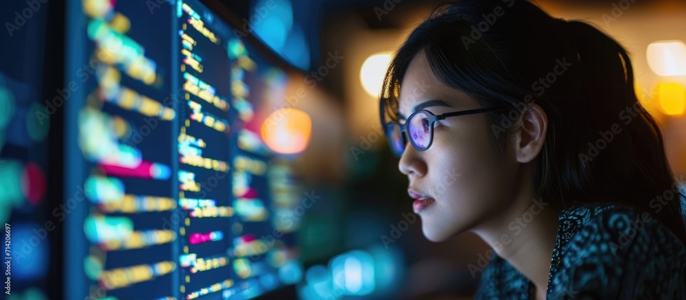 Asian woman, programmer, software engineer, working late, checking computer code. Asian woman, programmer, software engineer, working late, checking computer code.