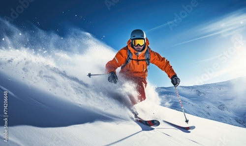 A man riding skis down a snow covered slope © uhdenis