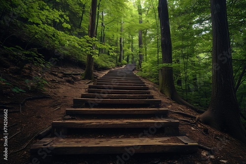 wooden stairs surrounded by trees in the forest