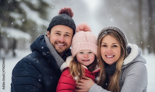 A man and a woman holding a baby in the snow
