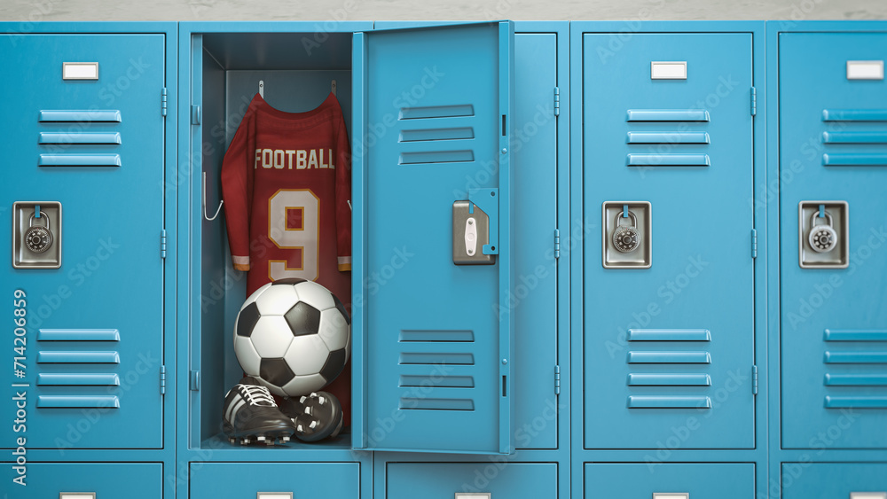 Fototapeta premium Soccer equipment football ball, t'shirt and bbots in a school locker room.