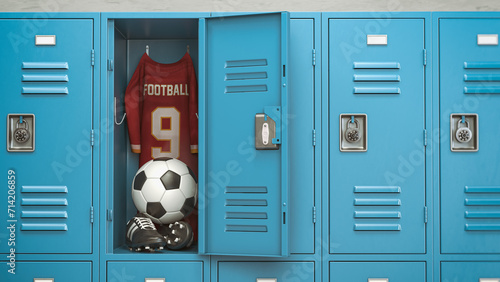 Soccer equipment football ball, t'shirt and bbots in a school locker room. © Maksym Yemelyanov