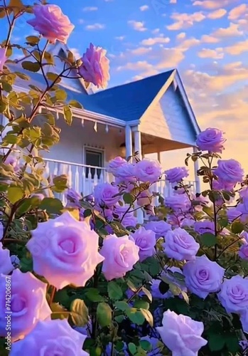 house with flowers and sky