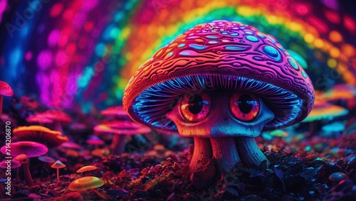 Fantasy mushroom with rainbow background. 3D illustration. Fantasy forest.