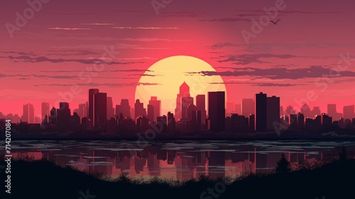 Amazing silhouette skyline sunset cityscape painting image Ai generated art