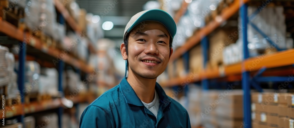 Asian male worker smiling while working in a distribution center, handling products in a logistic center. Asian male worker smiling while working in a distribution center, handling products in a logistic center.