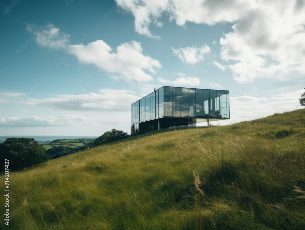 Minimalist-inspired residential building made entirely of glass and steel, situated on a hilltop overlooking a vast green landscape
