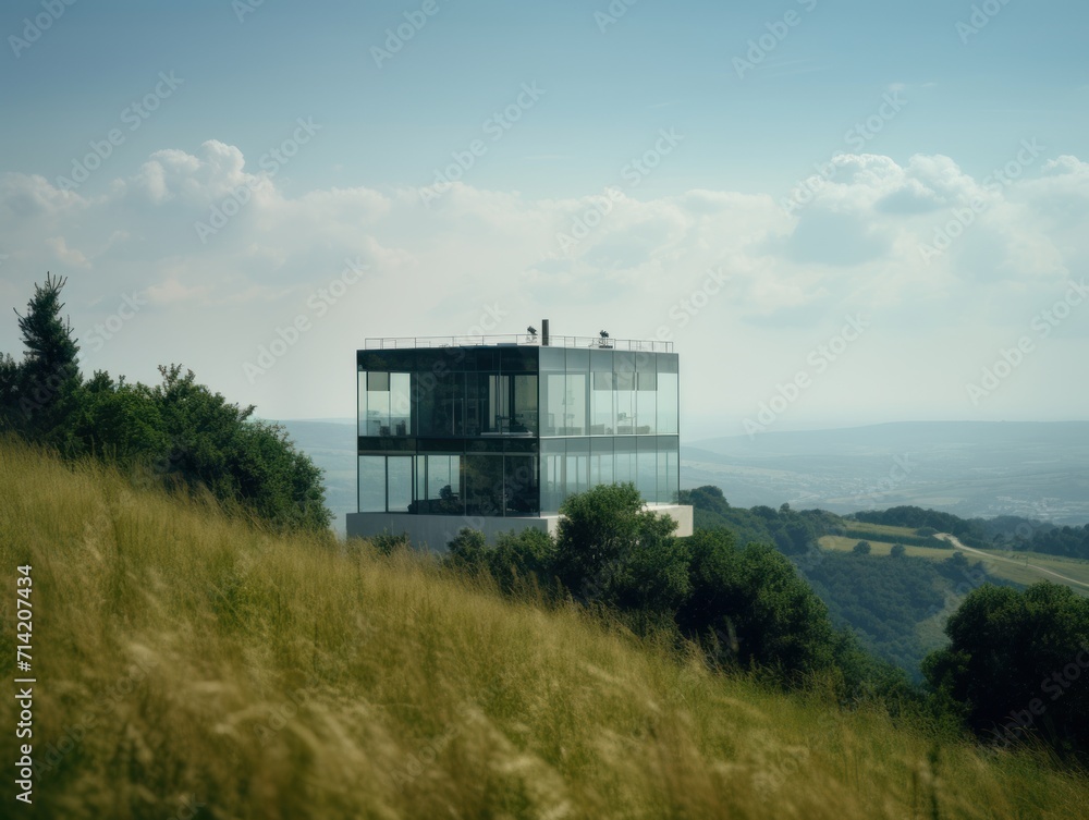 Minimalist-inspired residential building made entirely of glass and steel, situated on a hilltop overlooking a vast green landscape