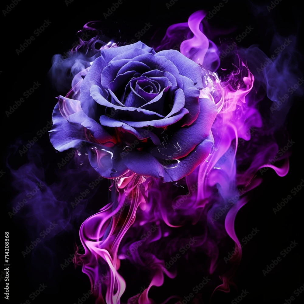 A violet-blue rose in clouds of purple smoke