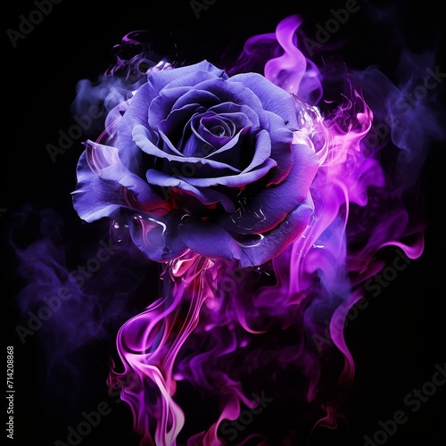 A violet-blue rose in clouds of purple smoke