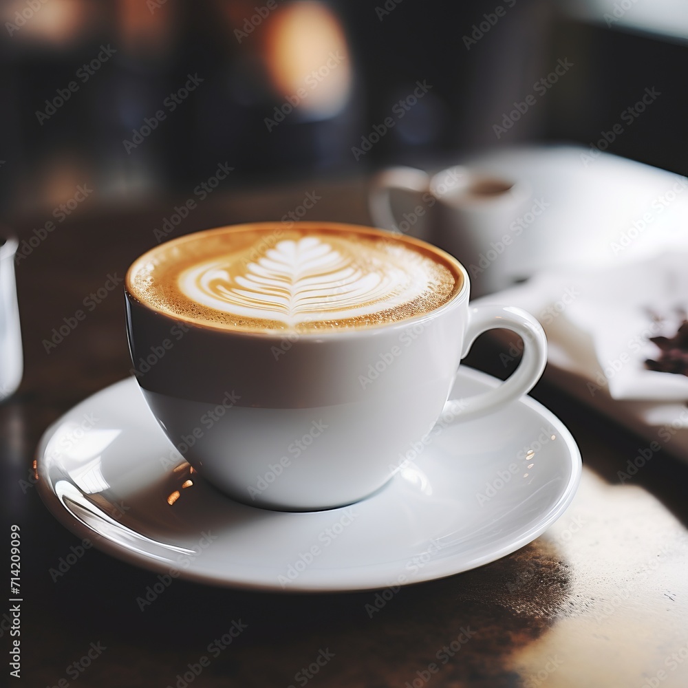 Relaxing ambiance. cup of coffee on the table in a comfortable and cozy cafe setting Relaxing ambiance. cup of coffee on the table in a comfortable and cozy cafe setting