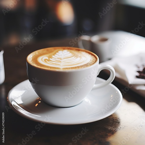 Relaxing ambiance. cup of coffee on the table in a comfortable and cozy cafe setting