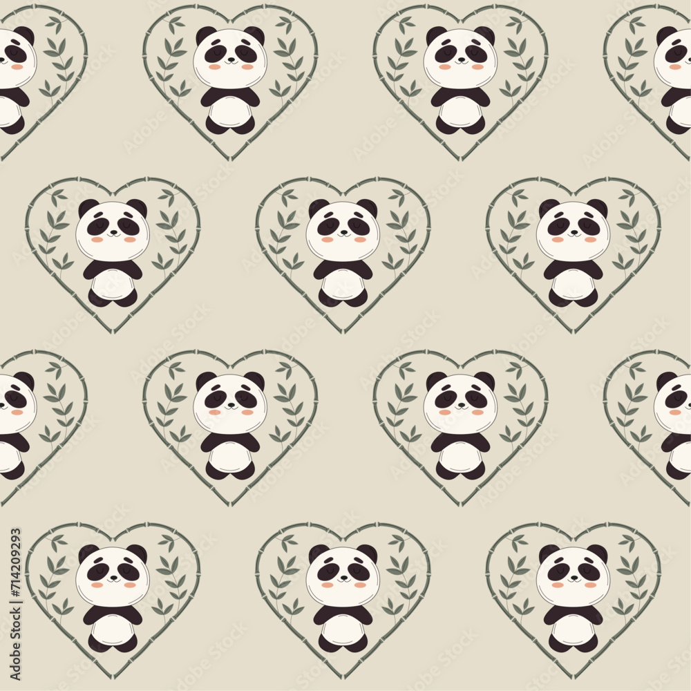 Vector children's seamless pattern with cute panda in a heart shaped bamboo frame. Vector illustration on light background in flat style. Vector children's seamless pattern with cute panda in a heart shaped bamboo frame. Vector illustration on light background in flat style.