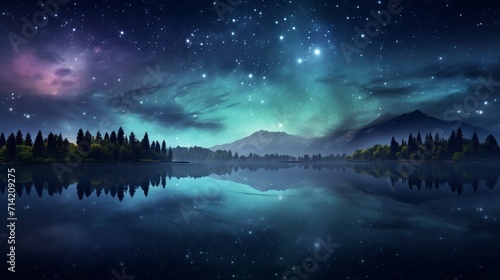 An enchanting starry night sky over a serene lake, presenting a quiet area for text overlay against the celestial beauty. - Generative AI
