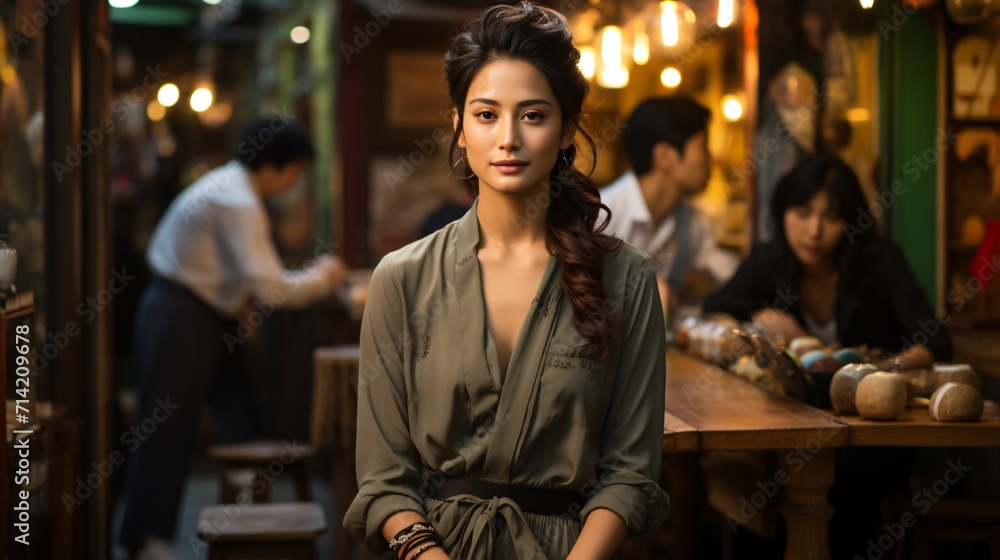Asian woman in a green dress poses at the cafe Asian woman in a green dress poses at the cafe